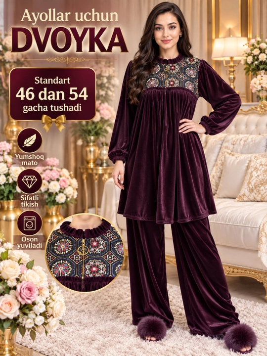 Ayollar uchun zamonaviy dvoyka uy kiyimi standart razmer 46 dan 54 gacha