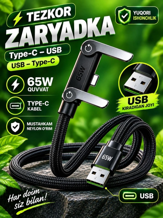 Tezkor quvvatlash kabeli, USB Type-C to Type-C Cable , 240W, 65W, 1.5 m - 