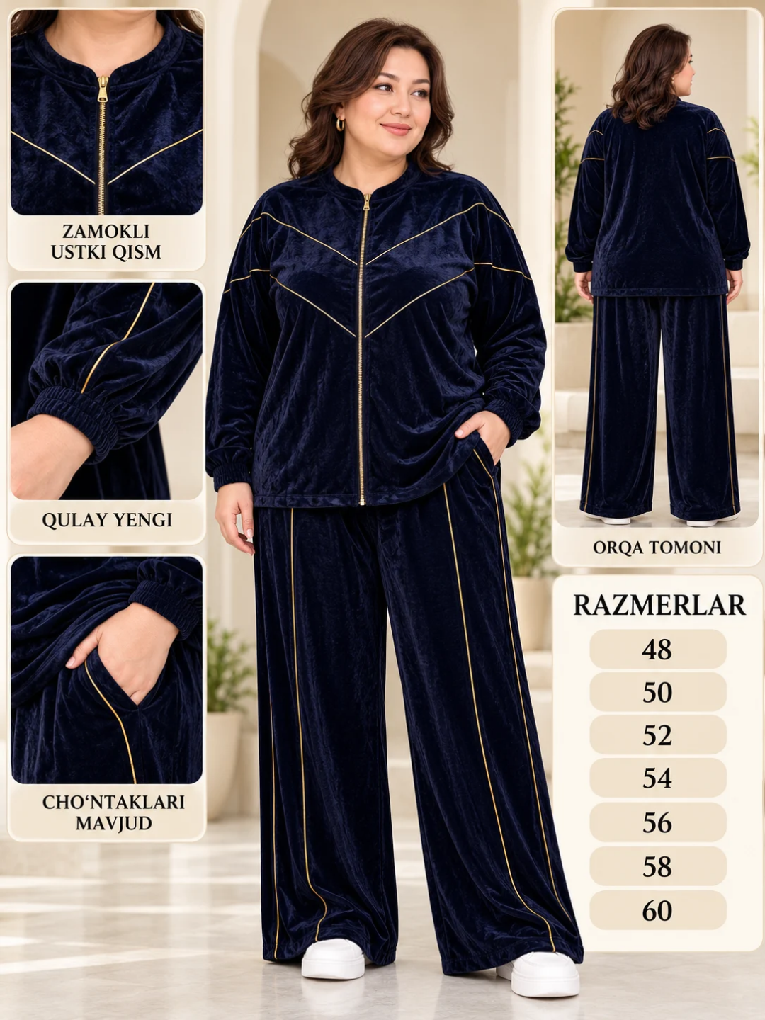 Ayollar uchun yaxlit sport kostyumi, yaltiroq bluzka va keng shim 48-60 - 