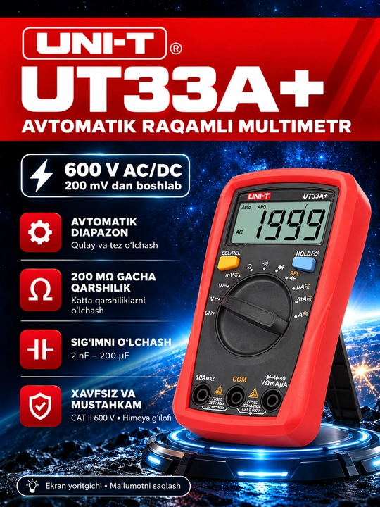 UNI-T UT33A+ raqamli multimetr, avtomatik diapazon, yoritgichli, 600 V AC/DC - 