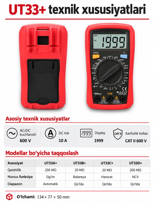 UNI-T UT33A+ raqamli multimetr, avtomatik diapazon, yoritgichli, 600 V AC/DC