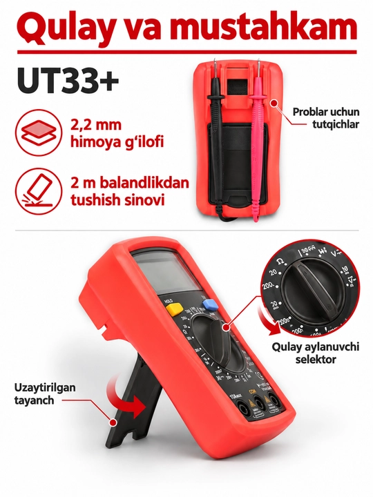 UNI-T UT33A+ raqamli multimetr, avtomatik diapazon, yoritgichli, 600 V AC/DC
