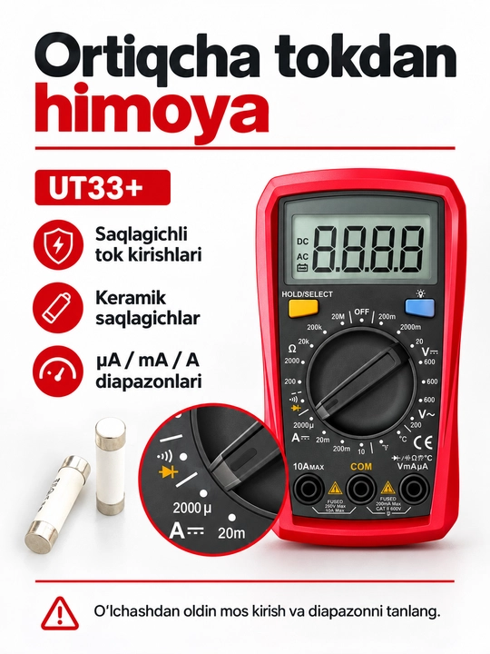 UNI-T UT33A+ raqamli multimetr, avtomatik diapazon, yoritgichli, 600 V AC/DC