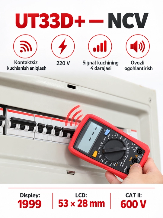 UNI-T UT33A+ raqamli multimetr, avtomatik diapazon, yoritgichli, 600 V AC/DC