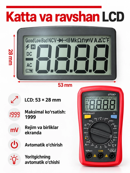 UNI-T UT33A+ raqamli multimetr, avtomatik diapazon, yoritgichli, 600 V AC/DC