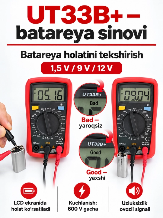UNI-T UT33A+ raqamli multimetr, avtomatik diapazon, yoritgichli, 600 V AC/DC