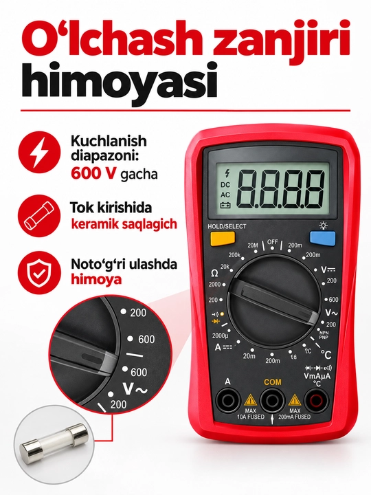 UNI-T UT33A+ raqamli multimetr, avtomatik diapazon, yoritgichli, 600 V AC/DC
