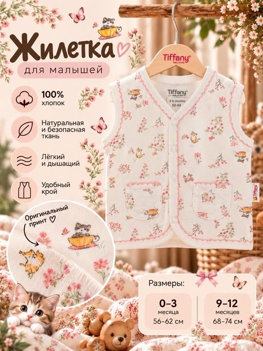 Детский муслиновый жилет Tiffany Baby Cute Cats с карманами и пуговицами - 