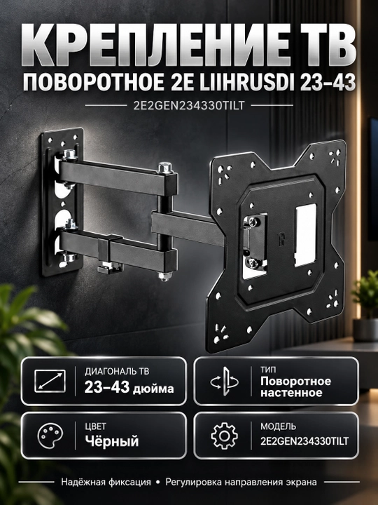 Крепление ТВ поворотное 2E Liihrusdi 23-43", 2E2GEN234330TILT, Черный - 