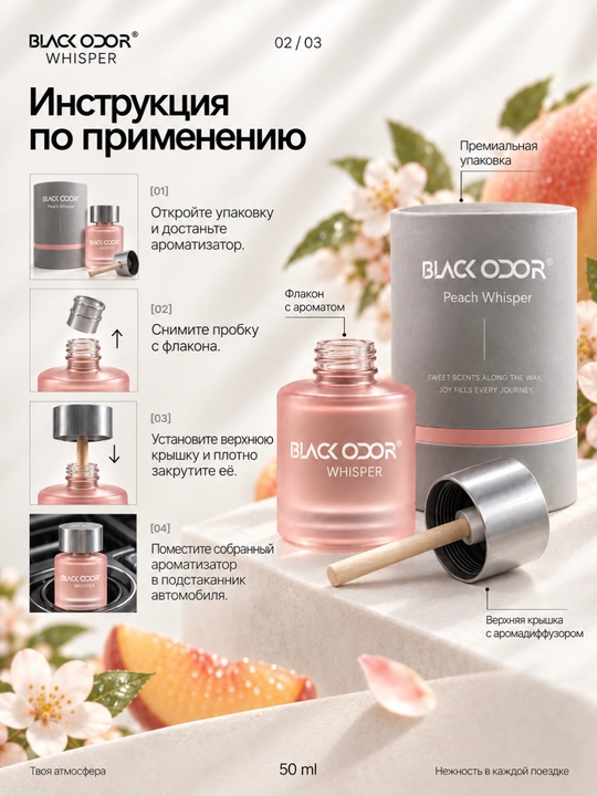 Ароматизатор для авто BLACK ODOR RO-55, автопарфюм 50 мл, 5 ароматов, деревянный диффузор
