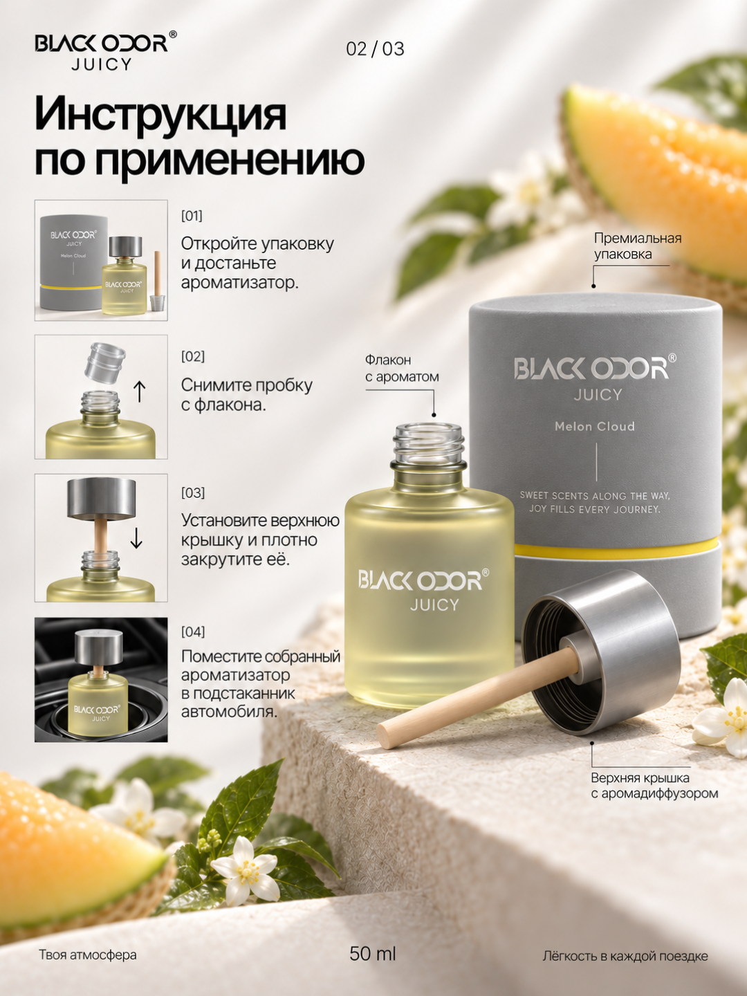 Ароматизатор для авто BLACK ODOR RO-55, автопарфюм 50 мл, 5 ароматов, деревянный диффузор