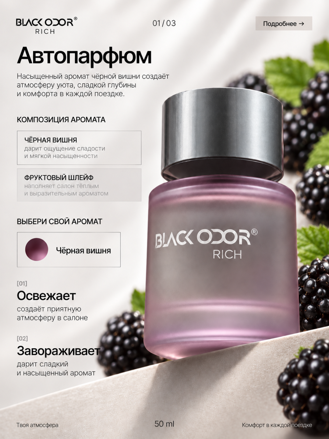 Ароматизатор для авто BLACK ODOR RO-55, автопарфюм 50 мл, 5 ароматов, деревянный диффузор - 