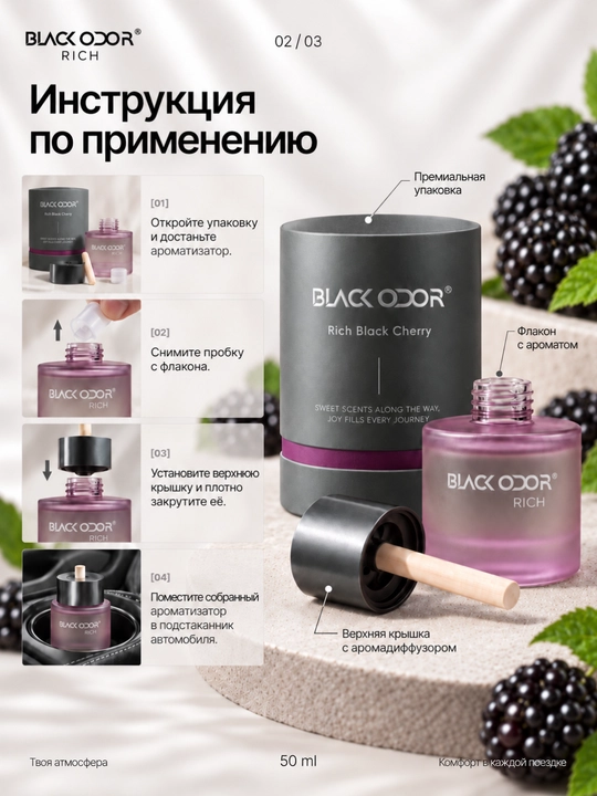 Ароматизатор для авто BLACK ODOR RO-55, автопарфюм 50 мл, 5 ароматов, деревянный диффузор