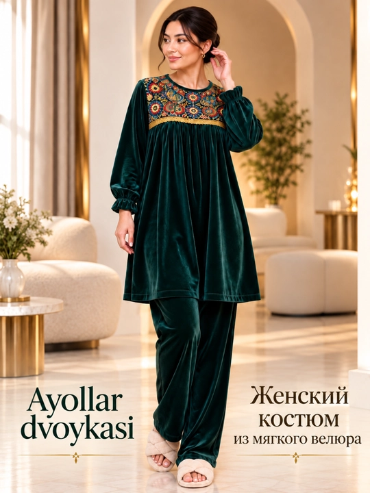 Ayollar uchun milliy naqshli vellyur dvoyka — nafis va chiroyli ayollar kiyimi