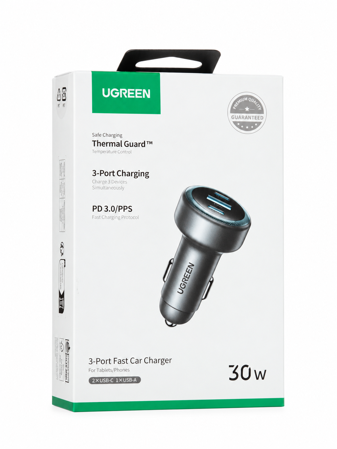 UGREEN EC307 avtomobil zaryadkasi, 3 portli, USB-C va USB-A, 30W