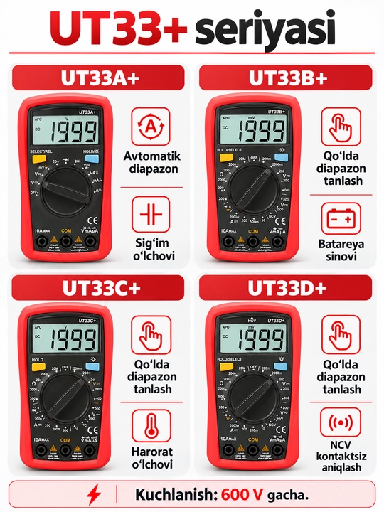 Мультиметр UNI-T UT33C+ цифровой, с подсветкой и измерением температуры, 600 В