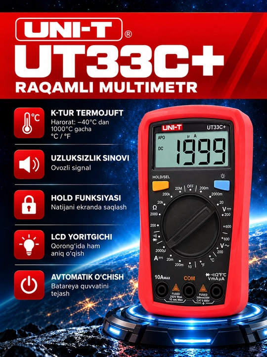 UNI-T UT33C+ raqamli multimetr, yoritgichli ekran, harorat o‘lchash, 600 V - 