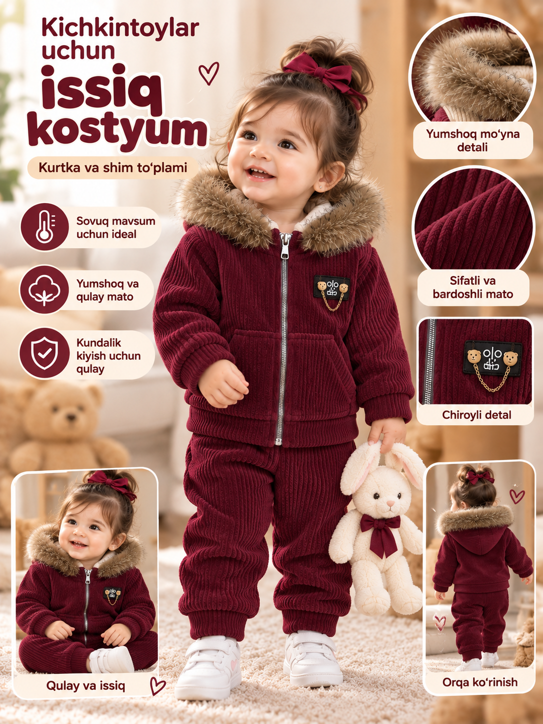 Qiz bolalar uchun issiq kostyum — kurtka va shim to‘plami - 