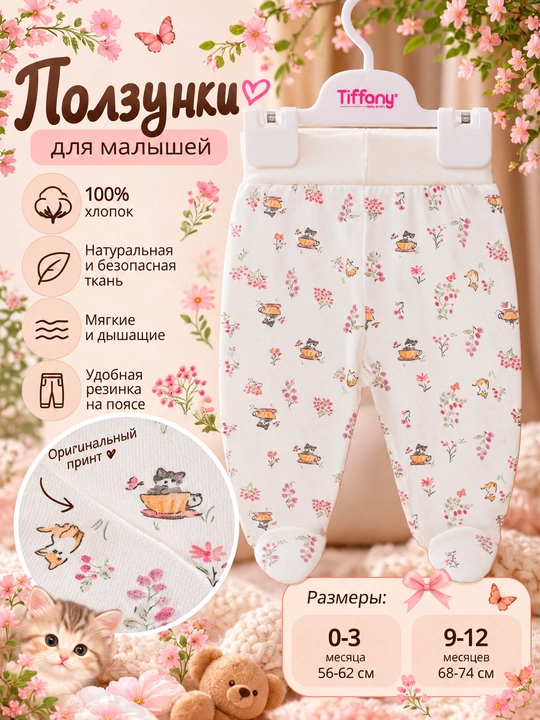 Mushukcha va gullar tasviri tushirilgan Tiffany Baby Cute Cats bolalar slayderlari - 