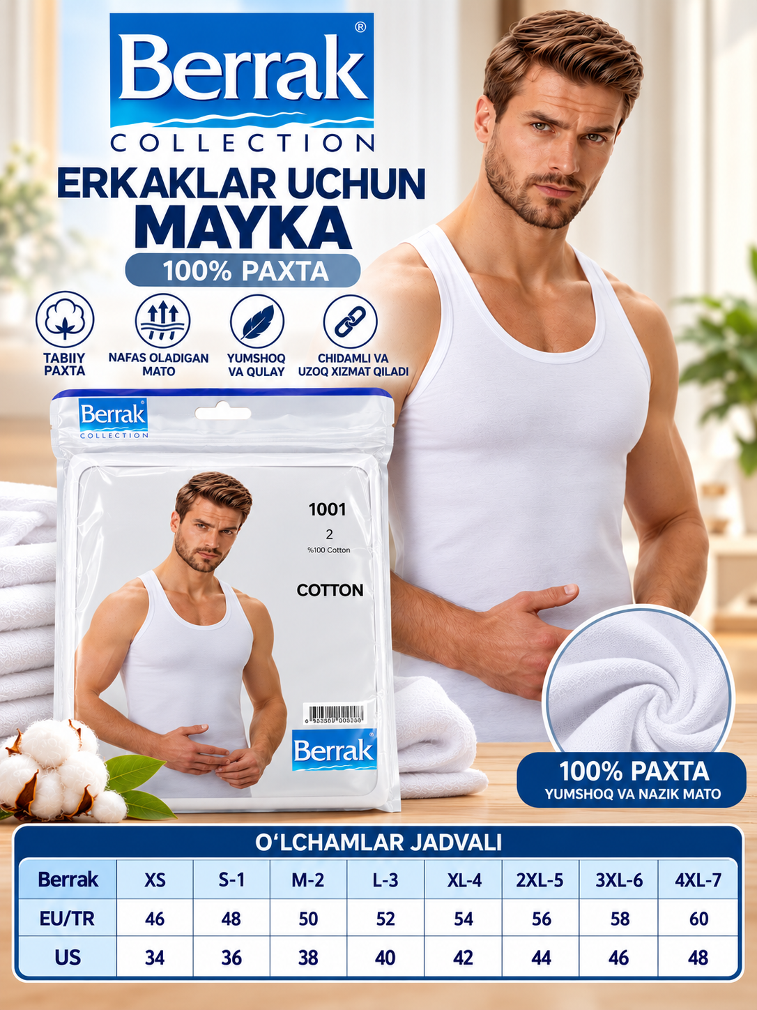 Berrak erkaklar ichki maykasi, Turkiya, S-4XL o'lchamli - 