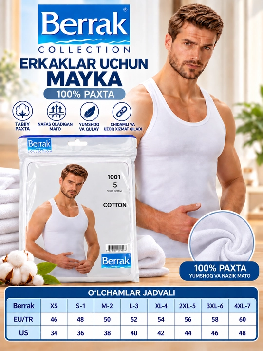Berrak erkaklar ichki maykasi, Turkiya, S-4XL o'lchamli