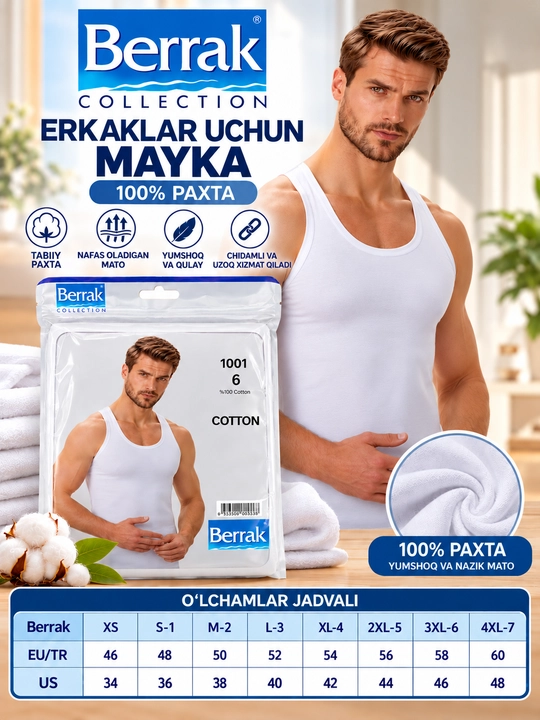 Berrak erkaklar ichki maykasi, Turkiya, S-4XL o'lchamli