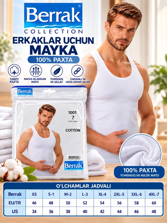 Berrak erkaklar ichki maykasi, Turkiya, S-4XL o'lchamli