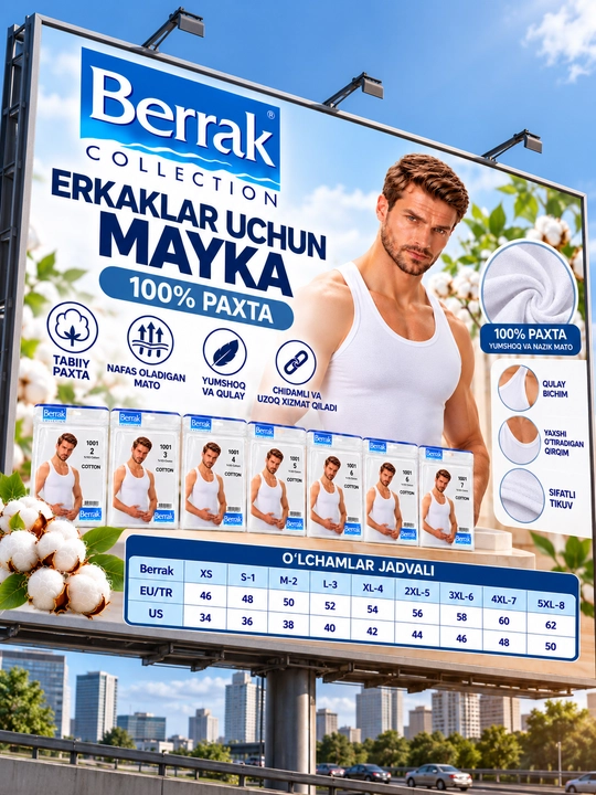 Berrak erkaklar ichki maykasi, Turkiya, S-4XL o'lchamli