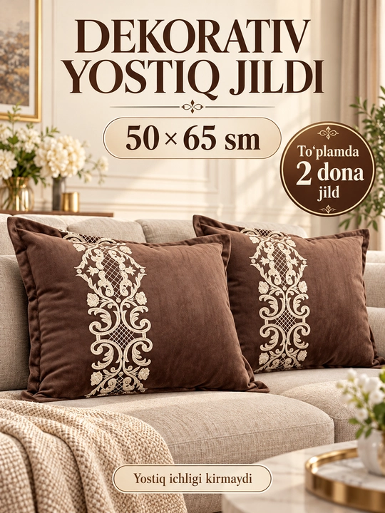 Dekorativ barxat yostiq jildi, kashtali, zamokli, 50×65 sm, 2 dona, jigarrang