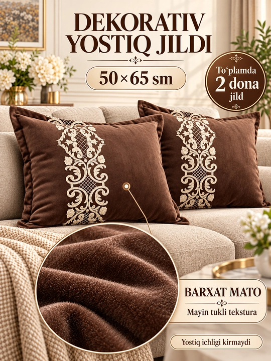 Dekorativ barxat yostiq jildi, kashtali, zamokli, 50×65 sm, 2 dona, jigarrang