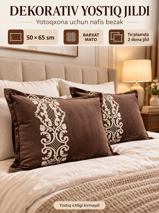Dekorativ barxat yostiq jildi, kashtali, zamokli, 50×65 sm, 2 dona, jigarrang