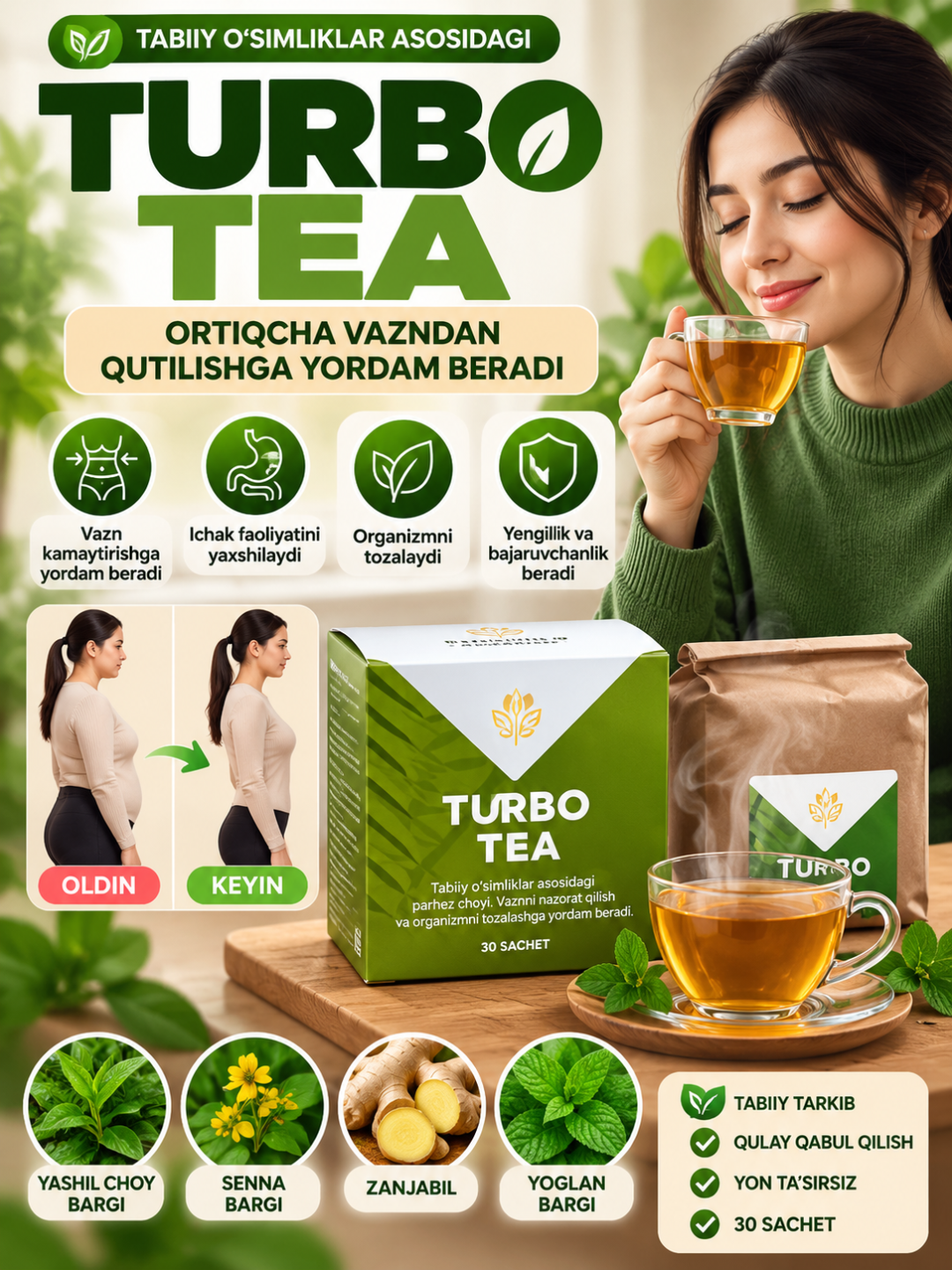 Tabiiy ozdiruvchi, shishlarga qarshi, siydik haydovchi turbo choyi, detoks, 30 ta paketcha - 