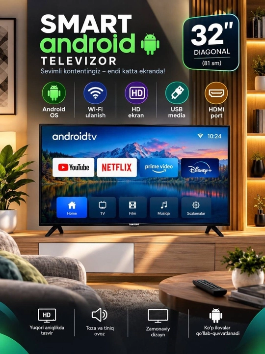 Smart Android TV 32 43 50 55 dyuymli televizor Wi-Fi HDMI USB - 