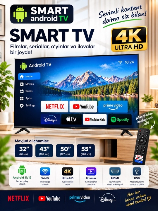 Smart Android TV 32 43 50 55 дюймов, Wi-Fi, HDMI, USB