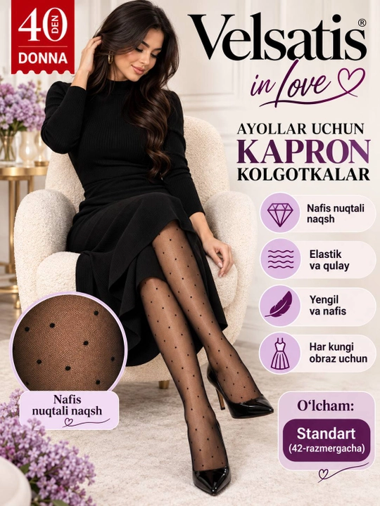 Ayollar uchun 20 DEN yurakchali naqshli shaffof kapron kolgotka, elastanli