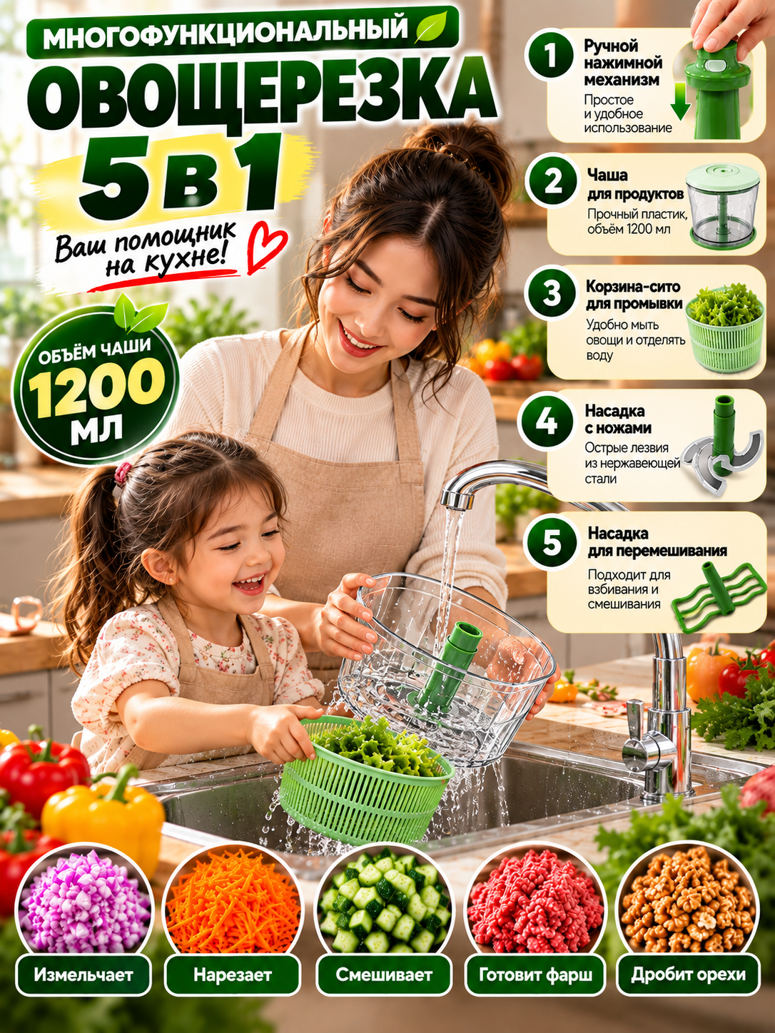 Elektr maydalagich 1,2 litr, chopper, blender, mikser, sabzavot to‘g‘ragich
