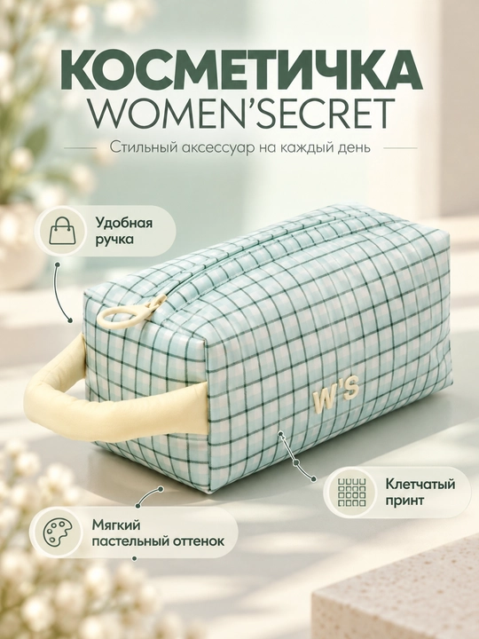Women’secret kosmetichkasi ayollar uchun, yashil katak naqshli, tutqichli - 