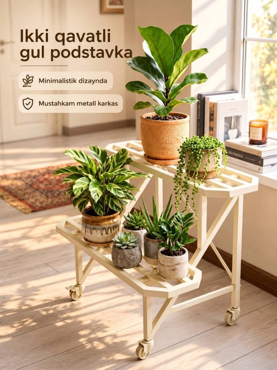 2 qavatli gul podstavkasi, gultuvaklar uchun metall stend, g‘ildirakli gul tokchasi - 