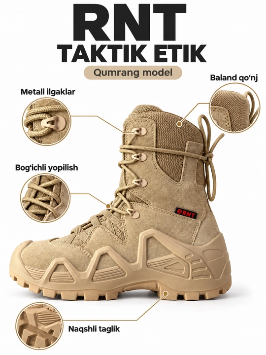 RNT charm ustli taktik etik, qalin taglikli, baland qo‘njli, mustahkam erkaklar poyabzali