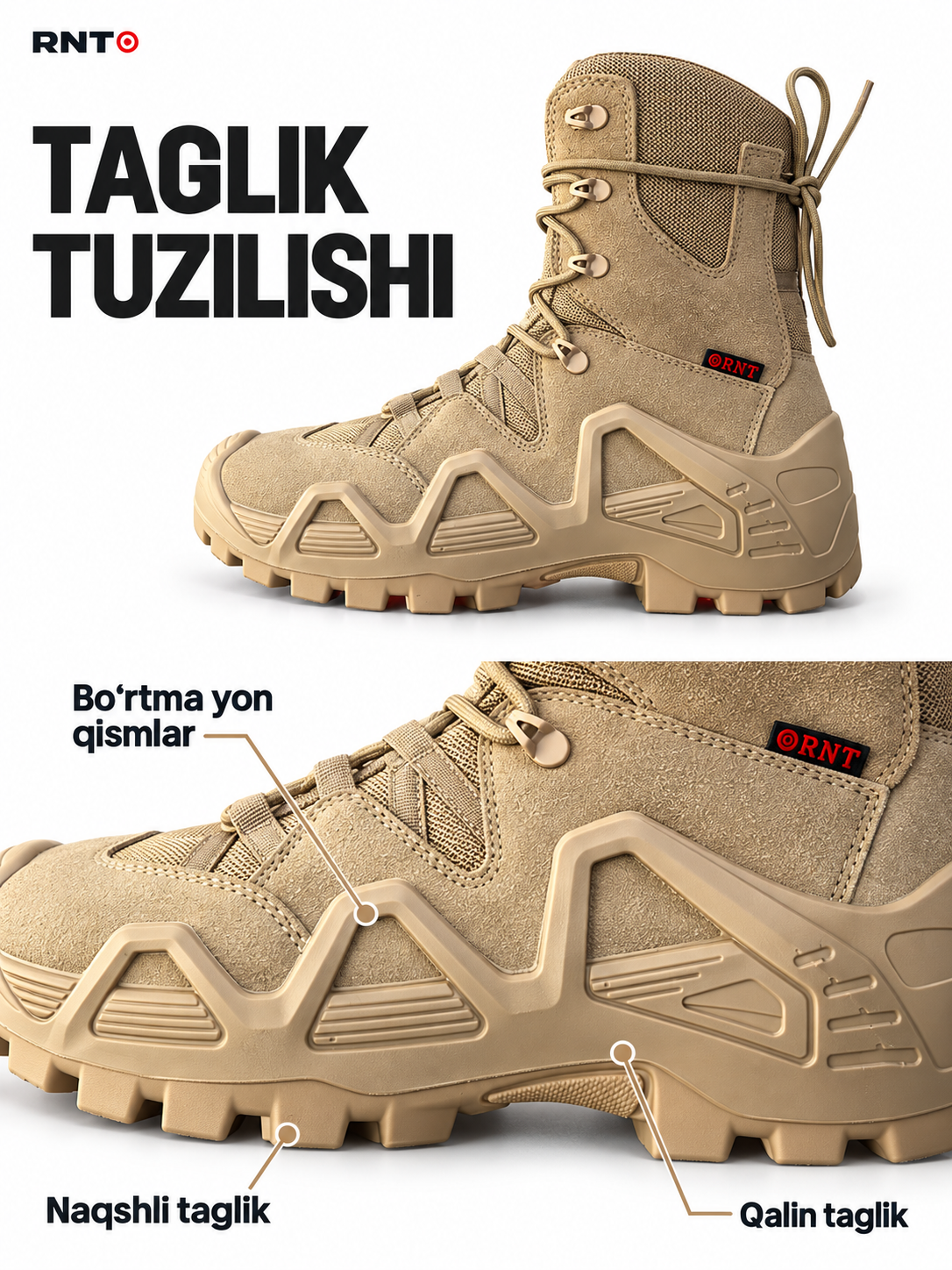 RNT charm ustli taktik etik, qalin taglikli, baland qo‘njli, mustahkam erkaklar poyabzali