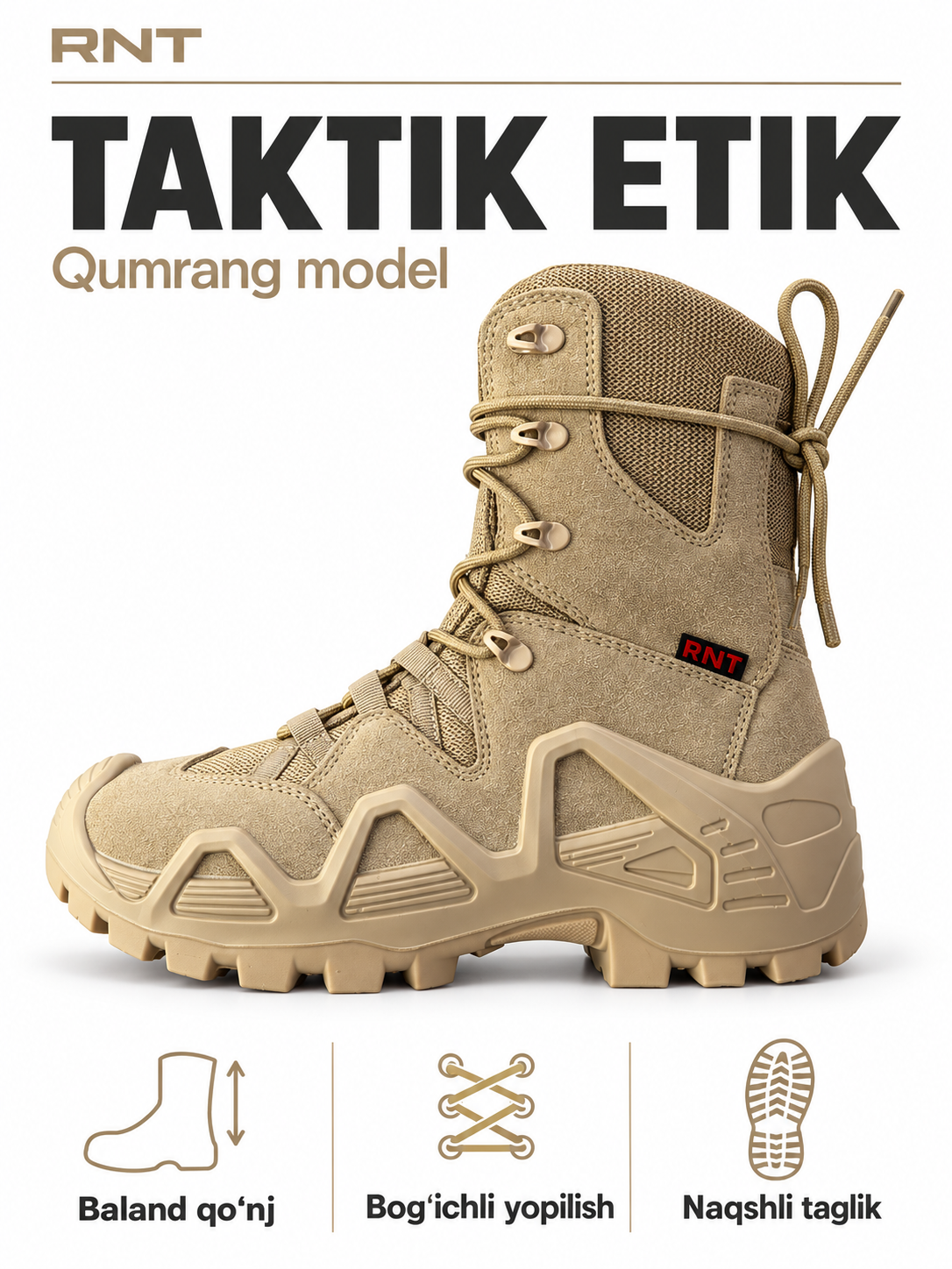RNT charm ustli taktik etik, qalin taglikli, baland qo‘njli, mustahkam erkaklar poyabzali