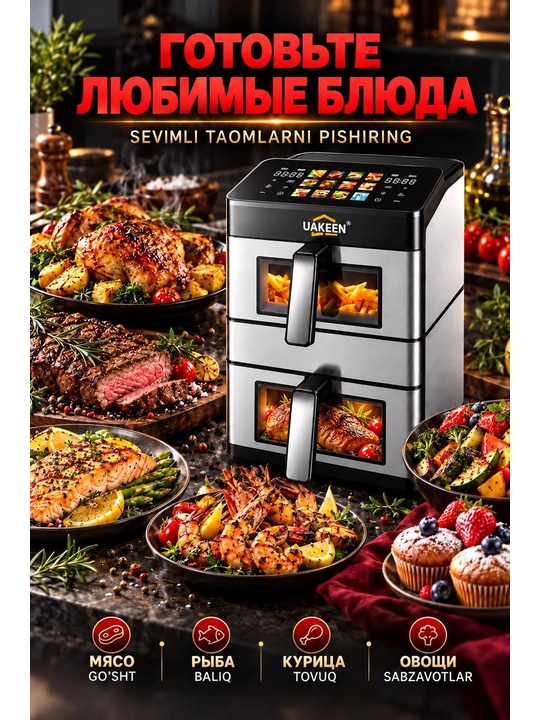 Elektr aerogril, 10 ta 1 da, yog‘siz pishirish uchun qovurgich, 12 l, 10 l, 8 l, aerogril