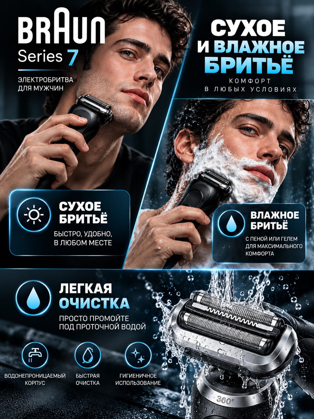 Электробритва BRAUN Series 7 72-N4200csBLK для сухого и влажного бритья,мужская