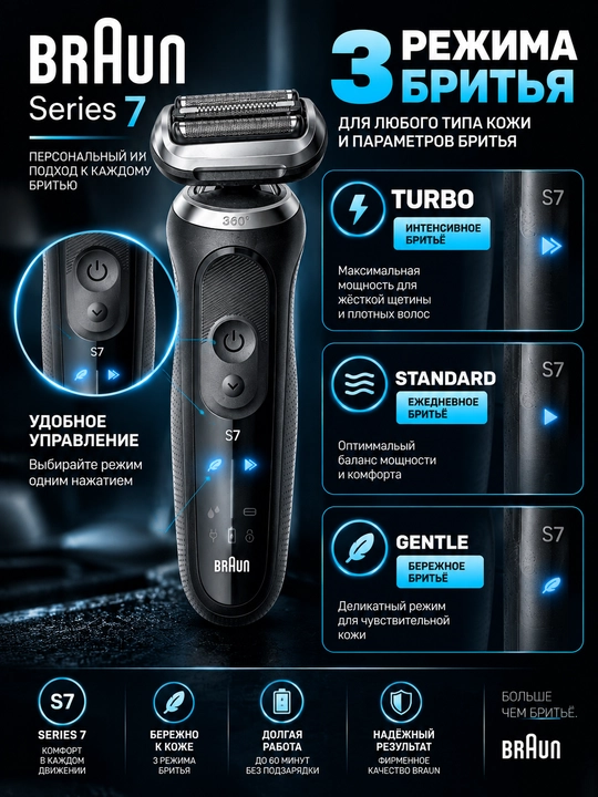 Электробритва BRAUN Series 7 72-N4200csBLK для сухого и влажного бритья,мужская