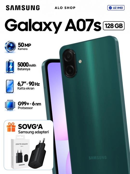 Smartfon Samsung Galaxy A07s, 4/128 GB, 6,7" 90 Hz, 50 MP, 5000 mAh - 
