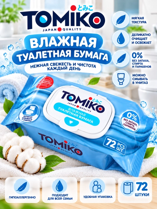 TOMIKO namlangan hojatxona qog‘ozi, 72 dona - 