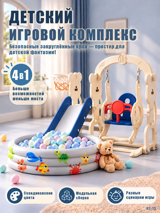 Детский игровой комплекс 4 в 1: горка, качели, бассейн, баскетбол - 