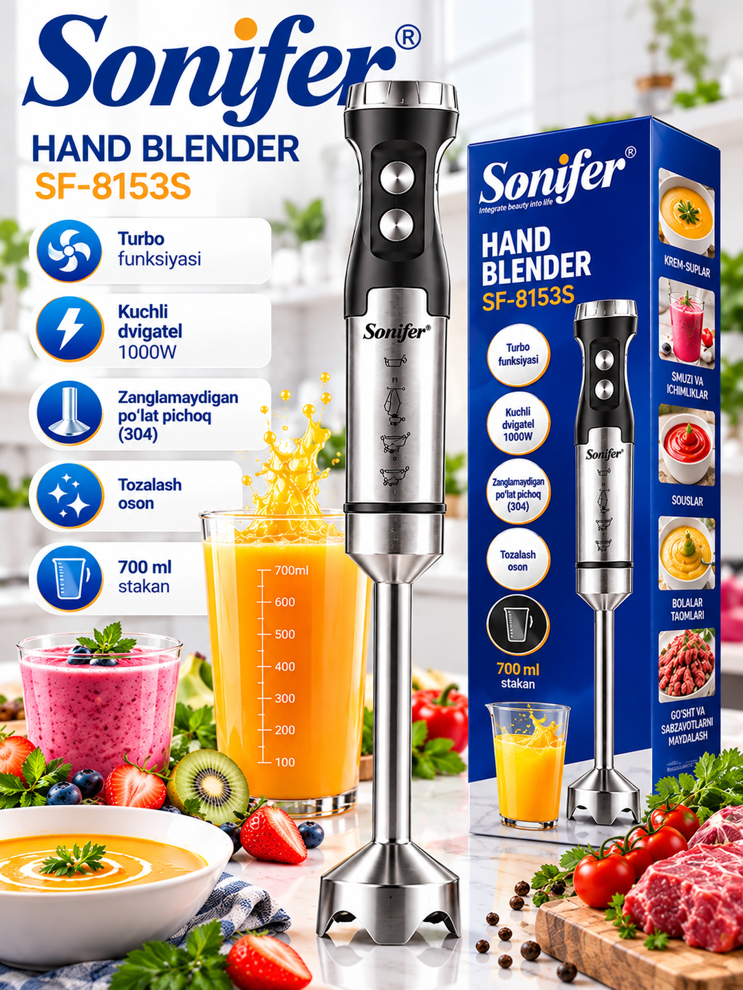 Sonifer SF-8153S qo‘l blenderi, 1000 Vt, Turbo rejim - 