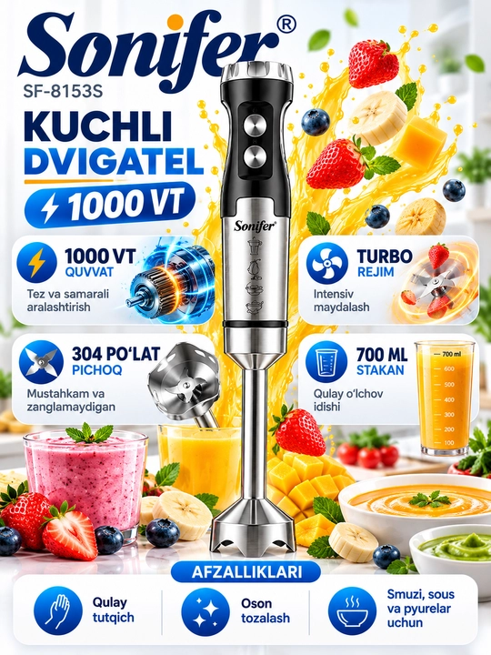 Sonifer SF-8153S qo‘l blenderi, 1000 Vt, Turbo rejim