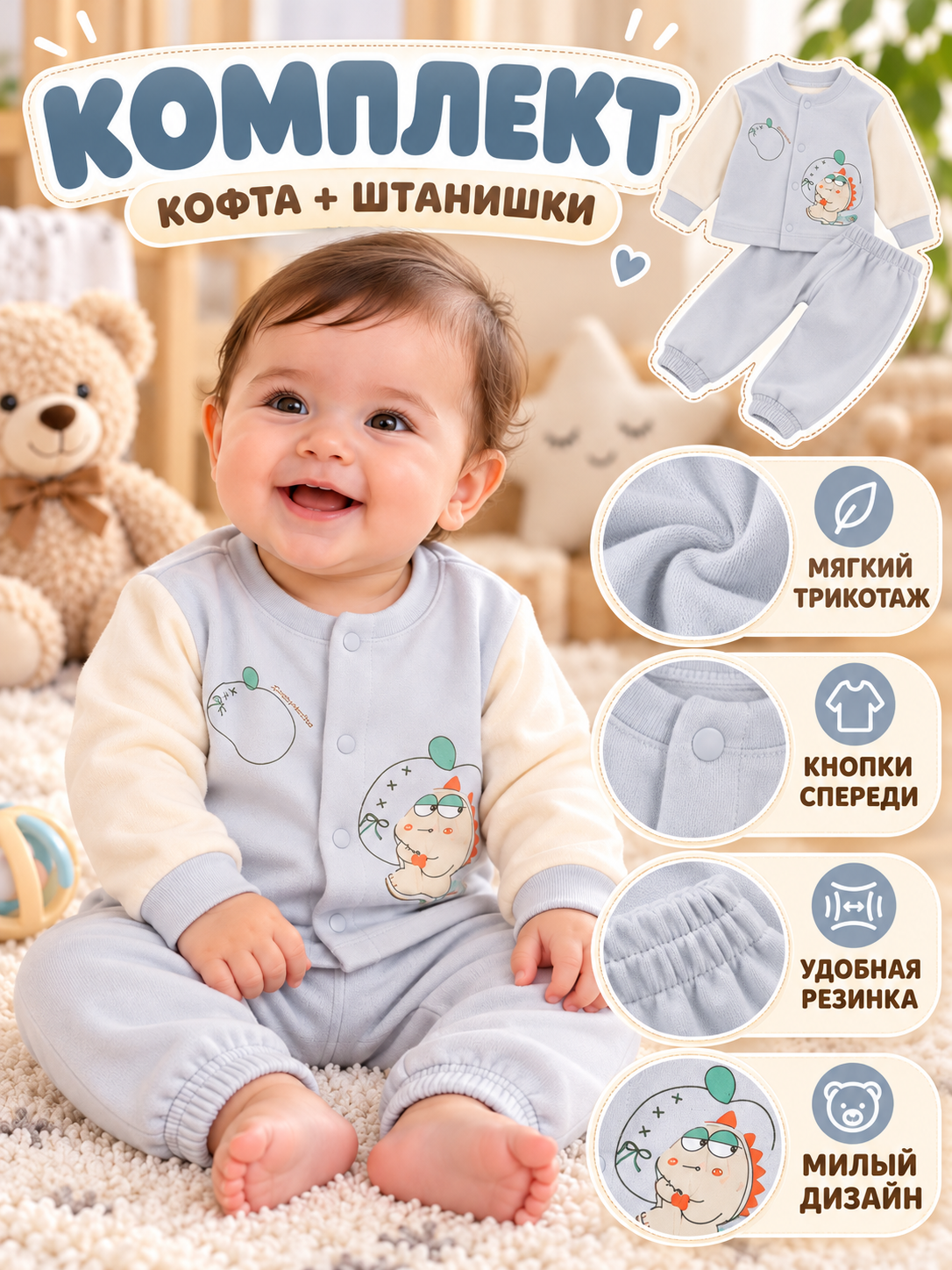 Детский комплект из 2 предметов, мягкий и тёплый материал, 0–1 год